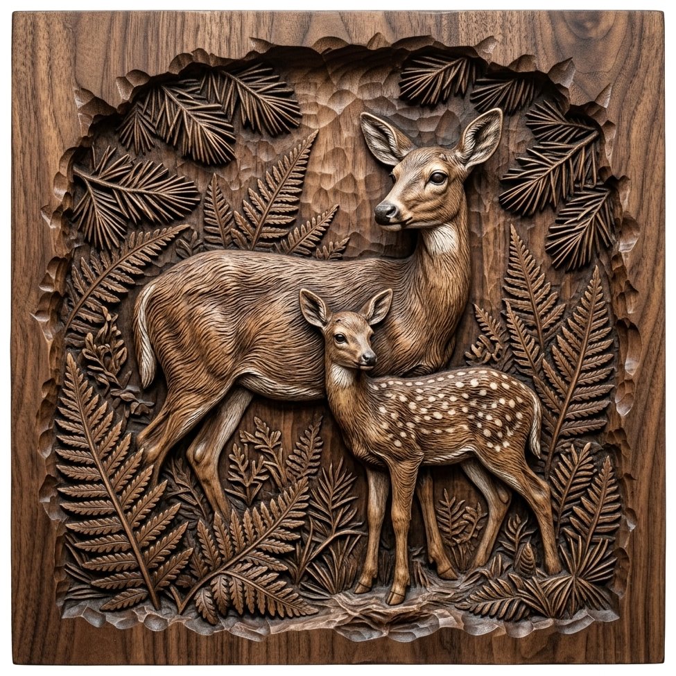 Forest Doe and Fawn Motherhood Scene CNC Relief STL bas-relief STL design