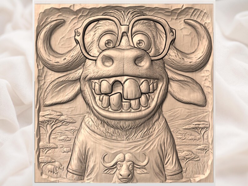Funny Buffalo 3D Relief STL view 3