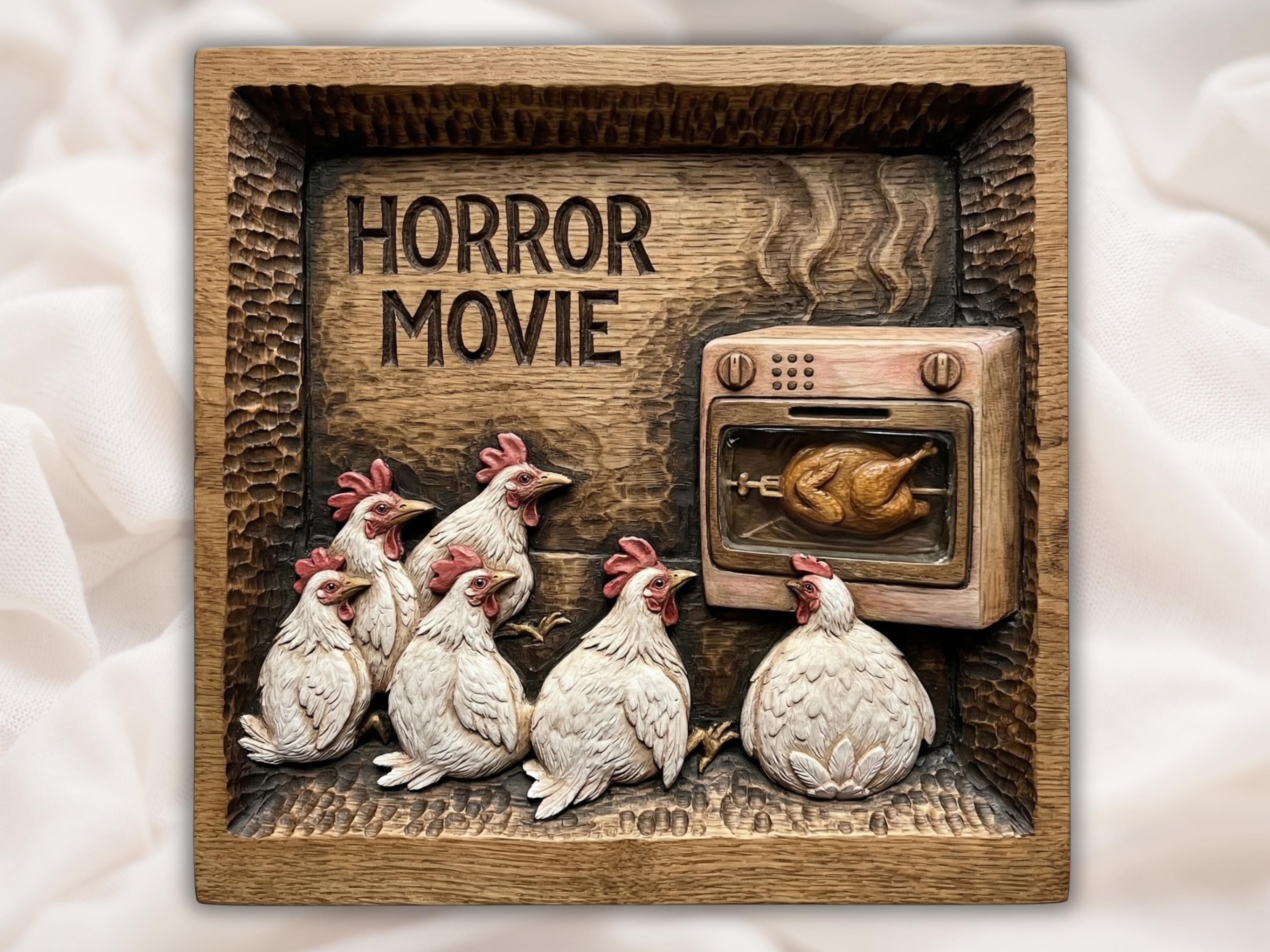 Chicken Horror Movie STL, Hens Watching Roast in Oven Relief bas-relief STL design