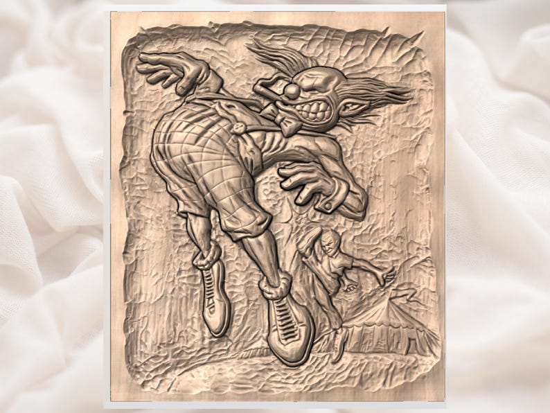 Funny Clown Kicked Out of Circus 3D Relief STL view 3
