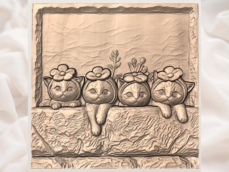 Funny Kittens in Flower Hats 3D Relief STL view 2