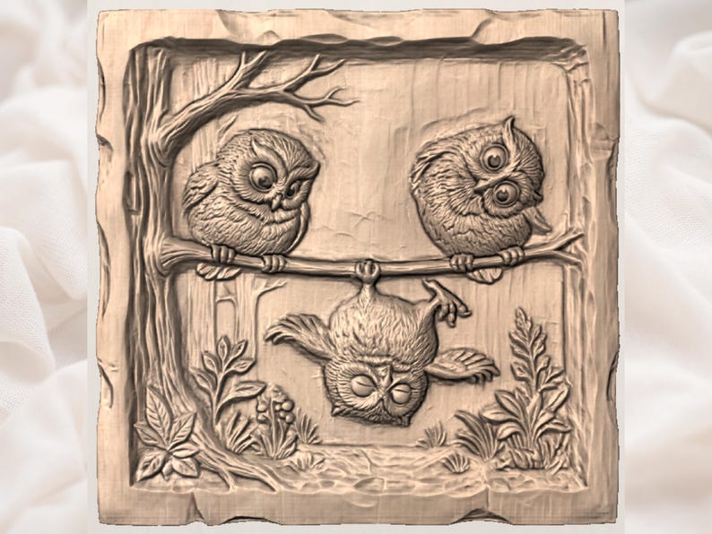 Funny Owls Relief STL view 3