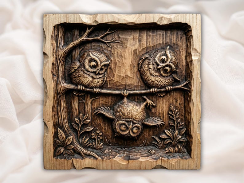 Funny Owls Relief STL bas-relief STL design