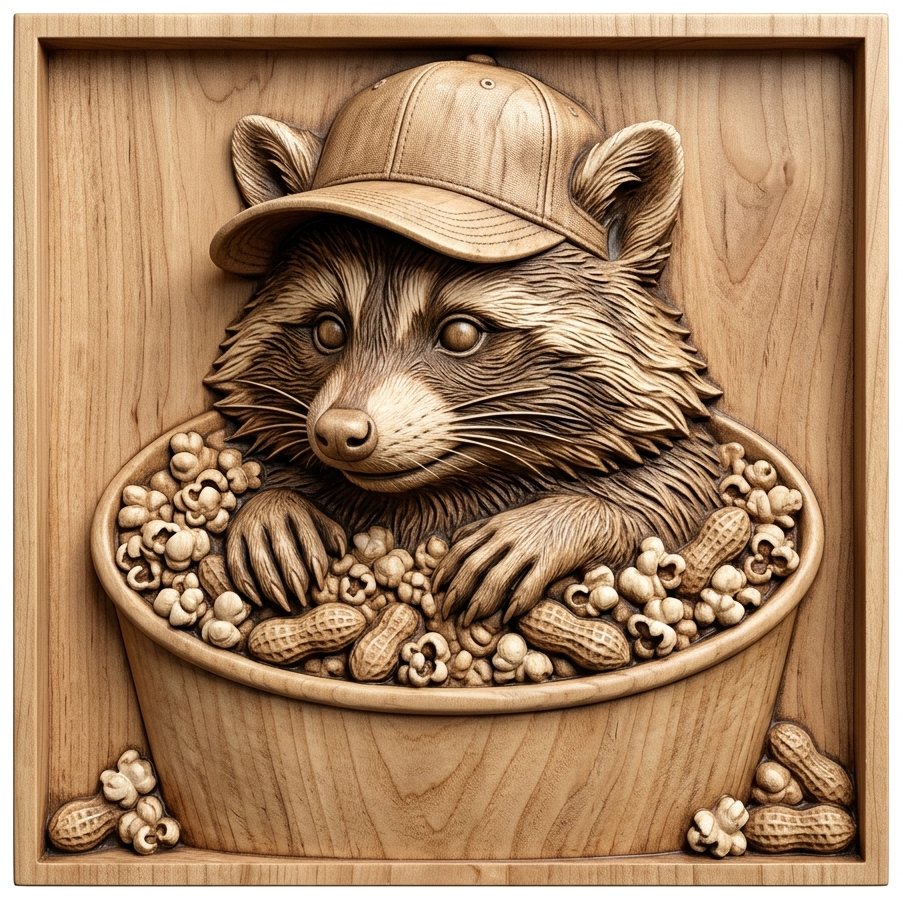 Game Day Raccoon Snack Bucket CNC Relief STL bas-relief STL design