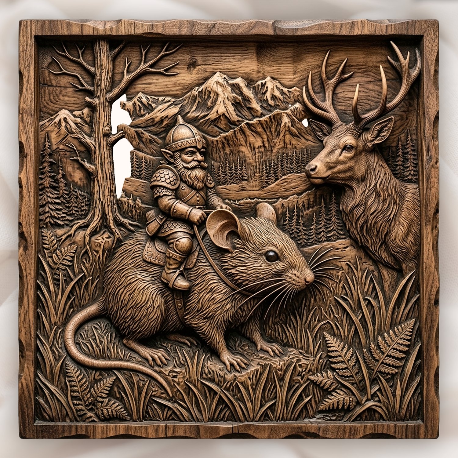 Gnome Riding Mouse Forest Adventure CNC Relief STL