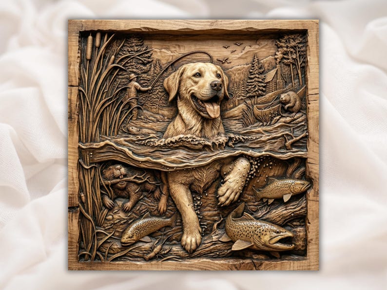 Golden Retriever Fishing Scene 3D Relief STL bas-relief STL