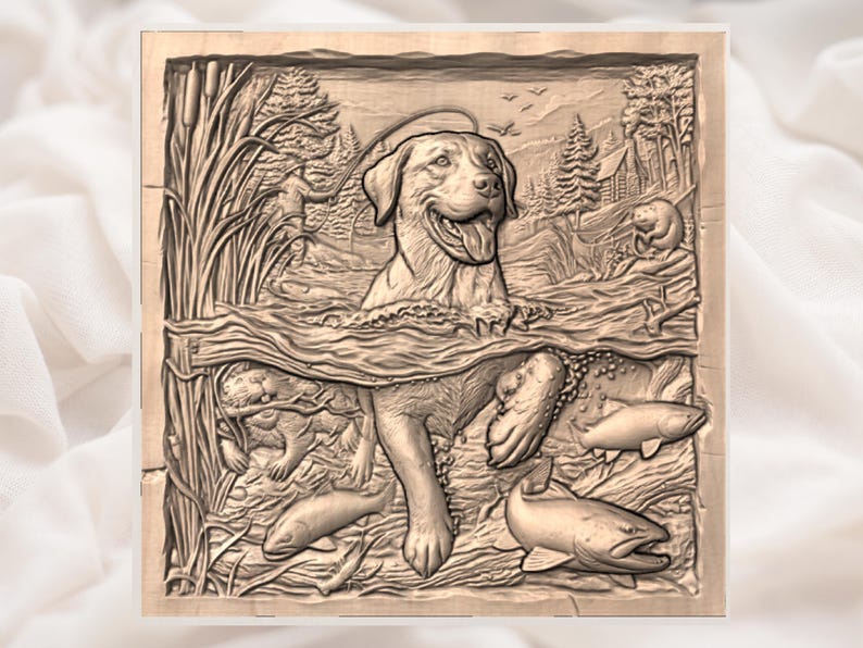 Golden Retriever Fishing Scene 3D Relief STL view 2