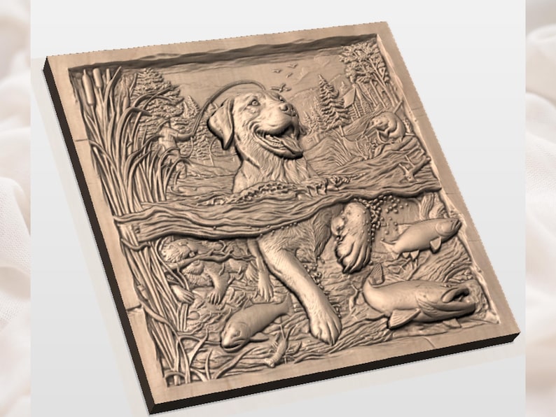 Golden Retriever Fishing Scene 3D Relief STL view 3