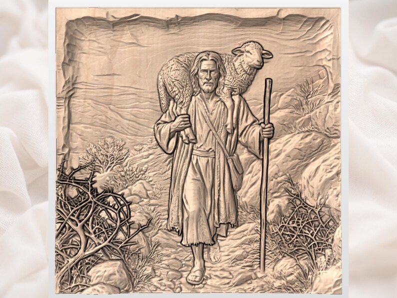 Good Shepherd Carrying Lamb 3D Relief STL view 3