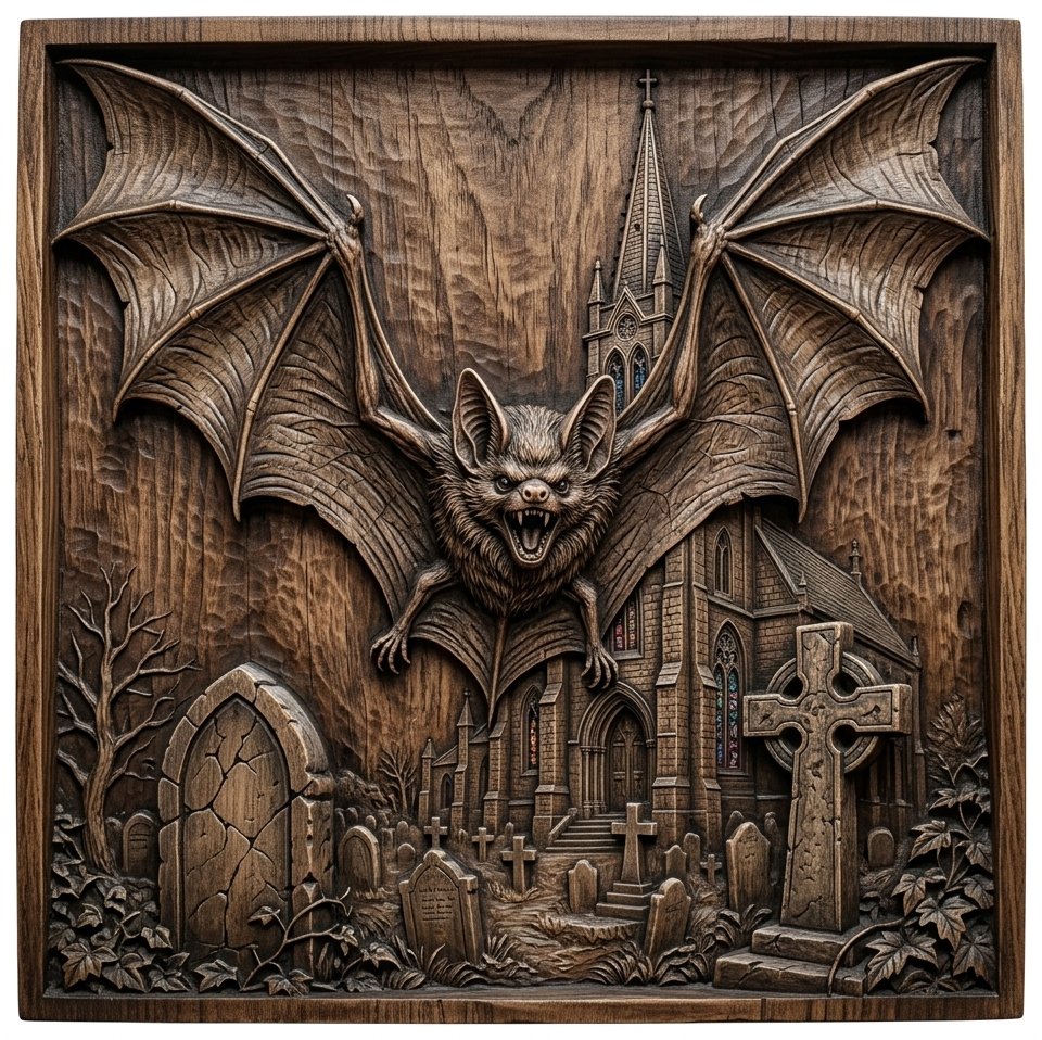 Gothic Bat Graveyard Church CNC Relief STL bas-relief STL design