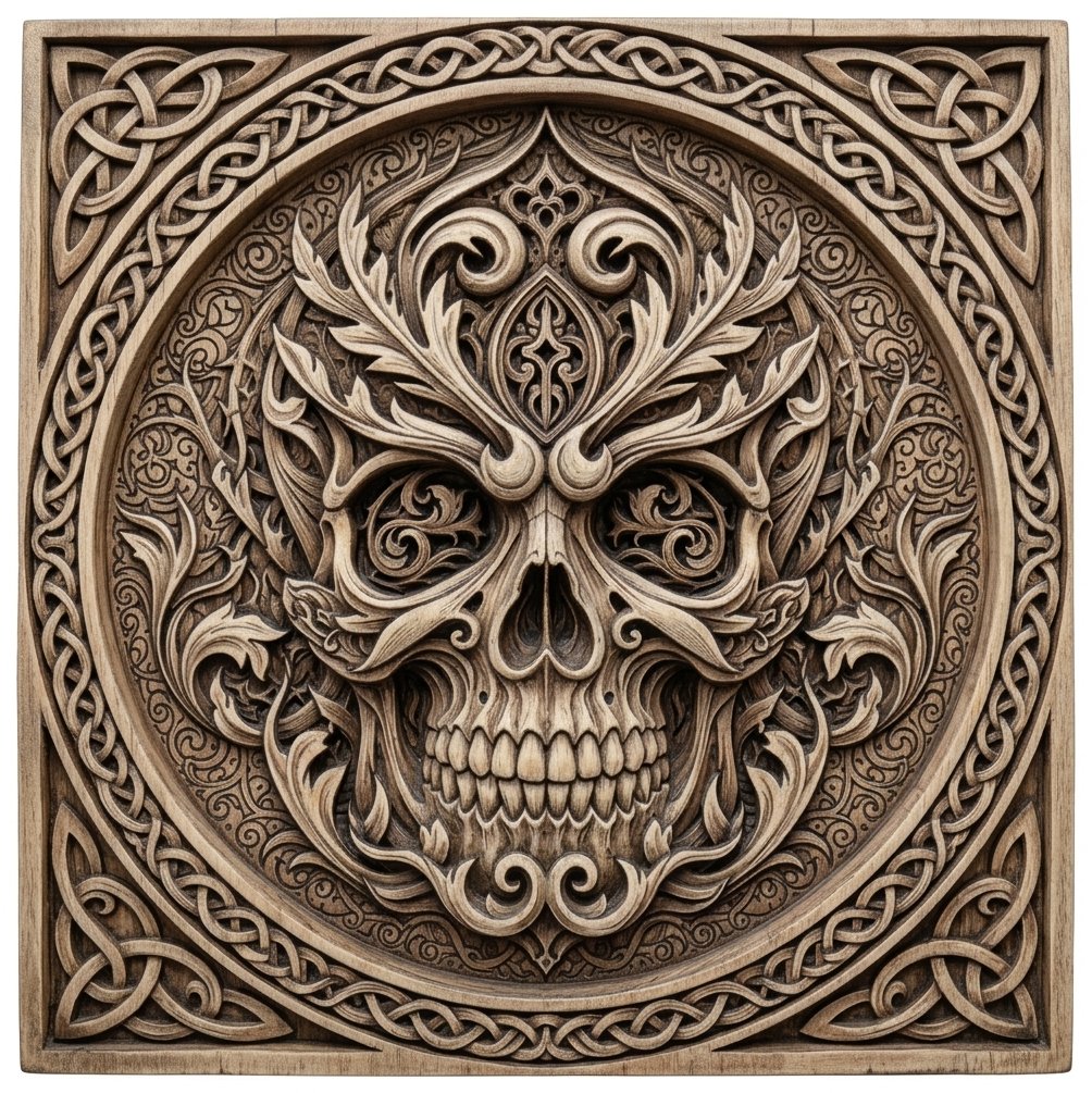 Gothic Foliate Skull Celtic Knotwork CNC Relief STL view 2
