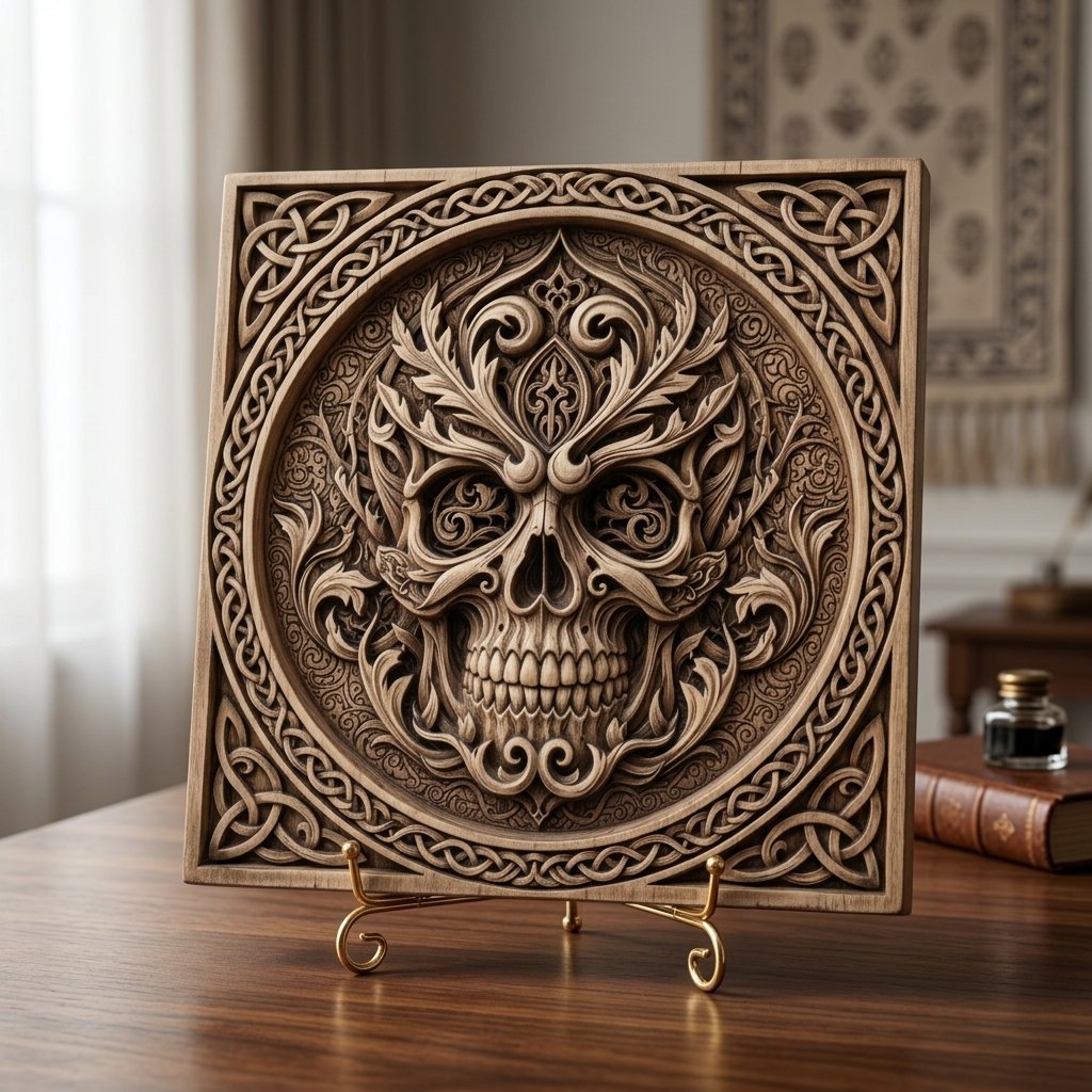 Gothic Foliate Skull Celtic Knotwork CNC Relief STL view 7