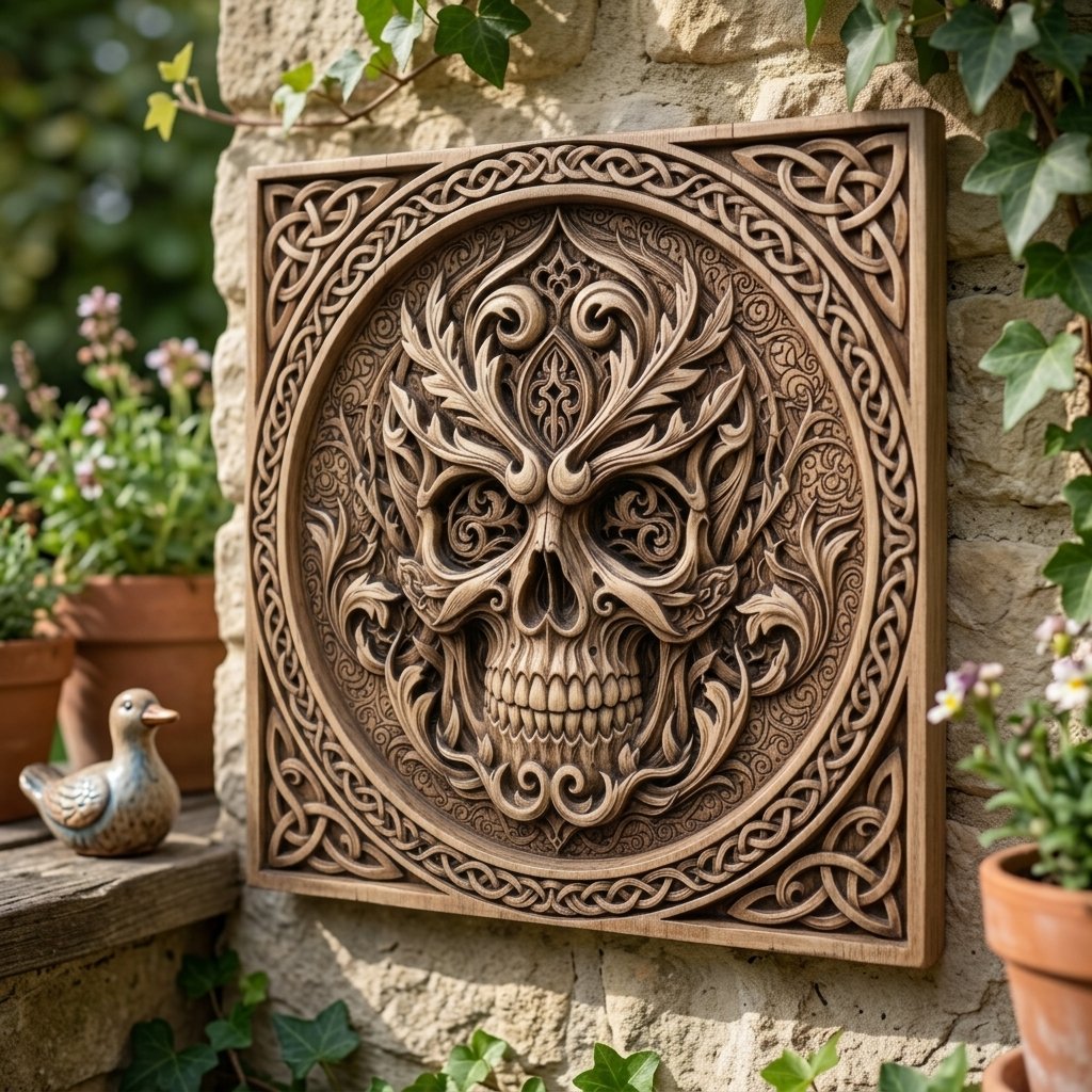 Gothic Foliate Skull Celtic Knotwork CNC Relief STL view 8