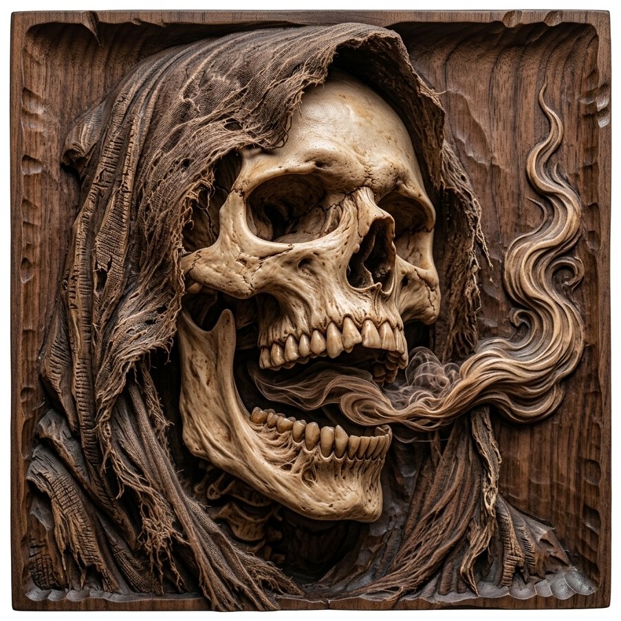 Gothic Hooded Grim Reaper Skull CNC Relief STL bas-relief STL design
