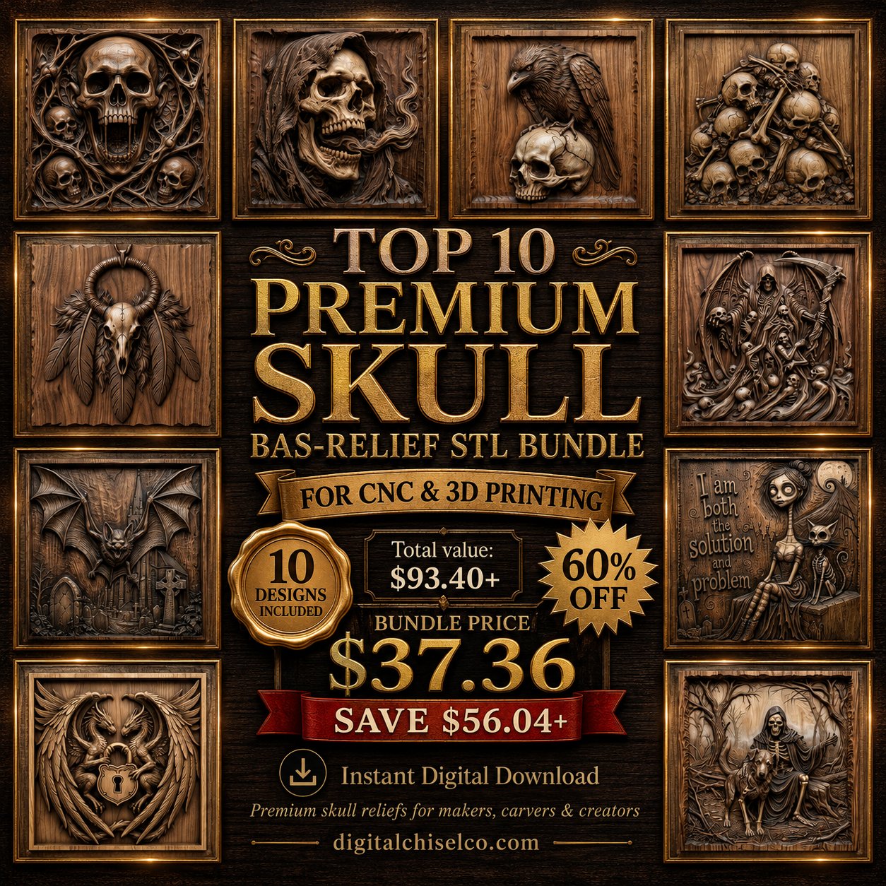 Gothic Skull 10 Design Mega Bundle CNC Relief STL bas-relief STL design