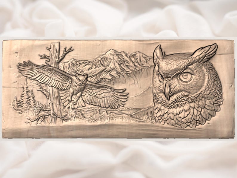 Flying Owl Moonlit Mountain Bas Relief STL view 2
