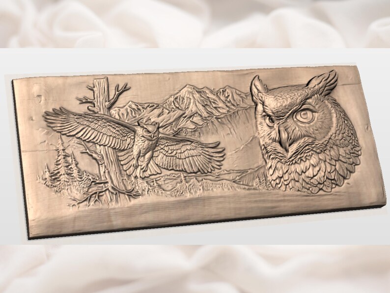 Flying Owl Moonlit Mountain Bas Relief STL view 3