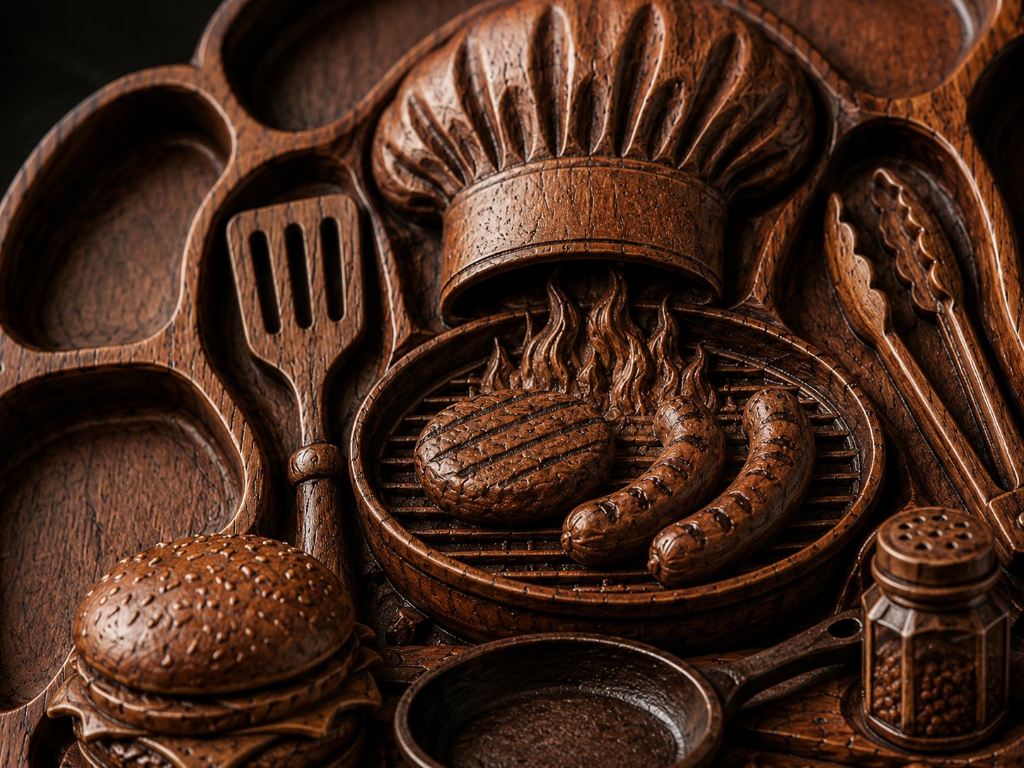 Grill Master Culinary Wall Art | BBQ Chef Wood Carving Panel | Rustic Kitchen Decorative Relief | Gourmet Cooking Centerpiece Art — carved bas relief STL file for CNC