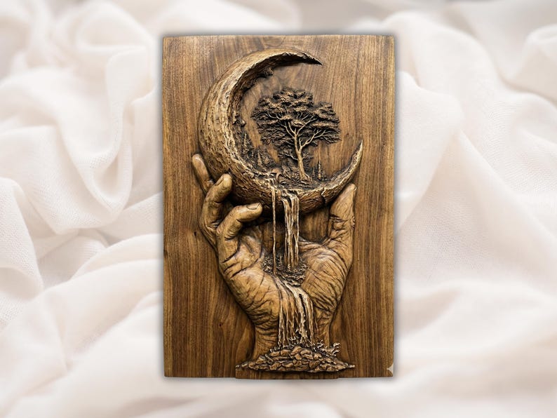 Hand Holding Moon Waterfall 3D Relief STL bas-relief STL