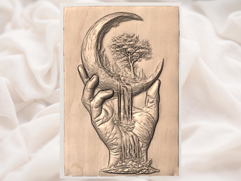 Hand Holding Moon Waterfall 3D Relief STL view 3