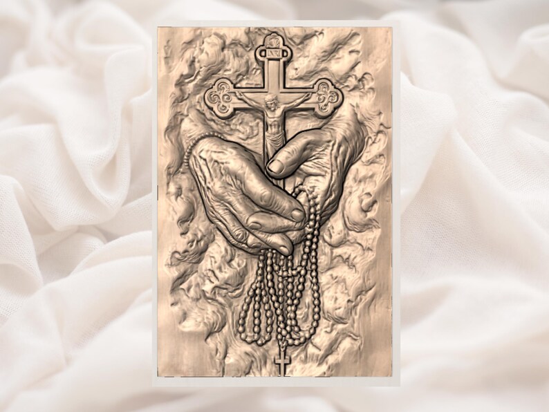 Hands Holding Cross & Rosary 3D Relief STL view 2