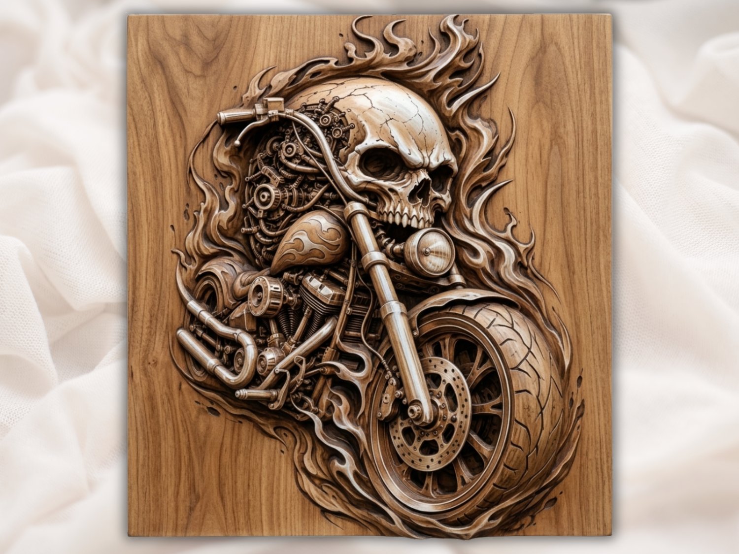Hellrider Skull Motorcycle Engine Wood Panel view 3