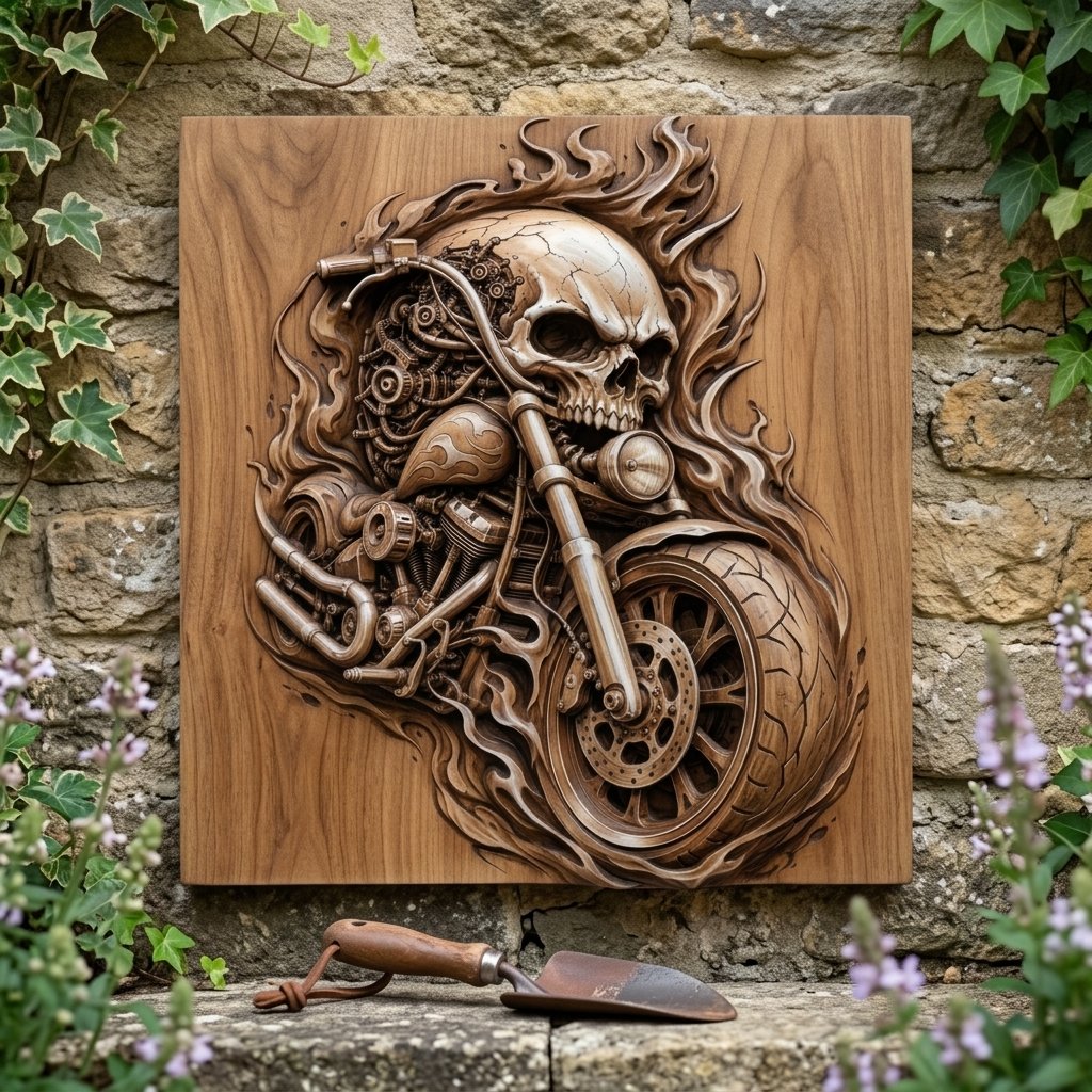Hellrider Skull Motorcycle Engine Wood Panel view 8