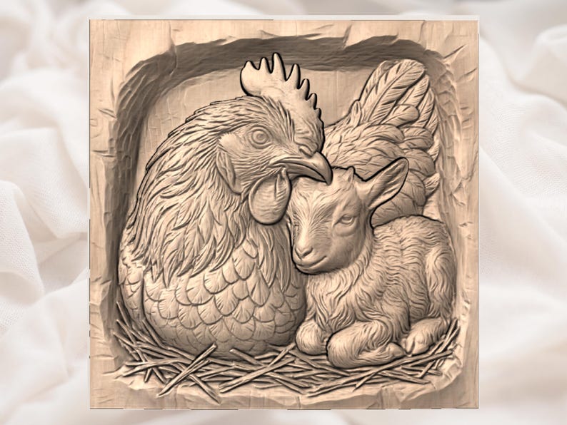 Hen and Baby Goat 3D Relief STL File view 3