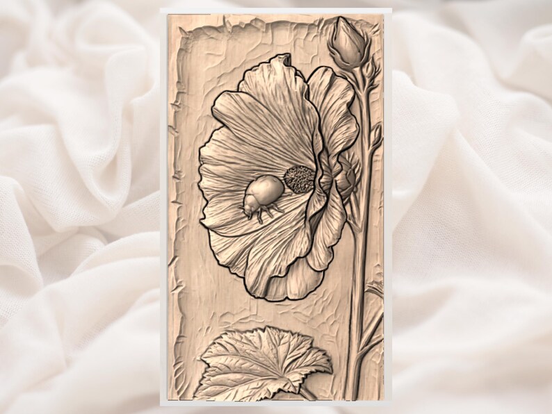 Hibiscus Flower Ladybug bas relief STL view 3
