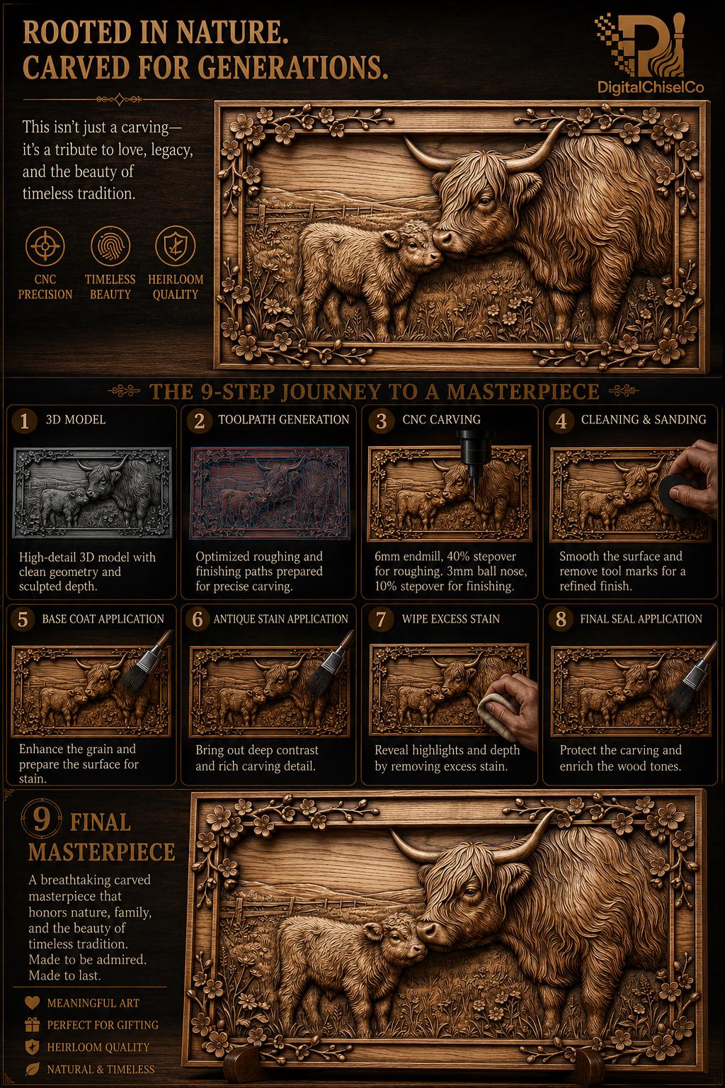 Highland Cow and Calf CNC STL File, Mother Nuzzling Baby Bas Relief, 3D Model for Wood Carving, Vectric Aspire ArtCAM, Farmhouse Decor view 8