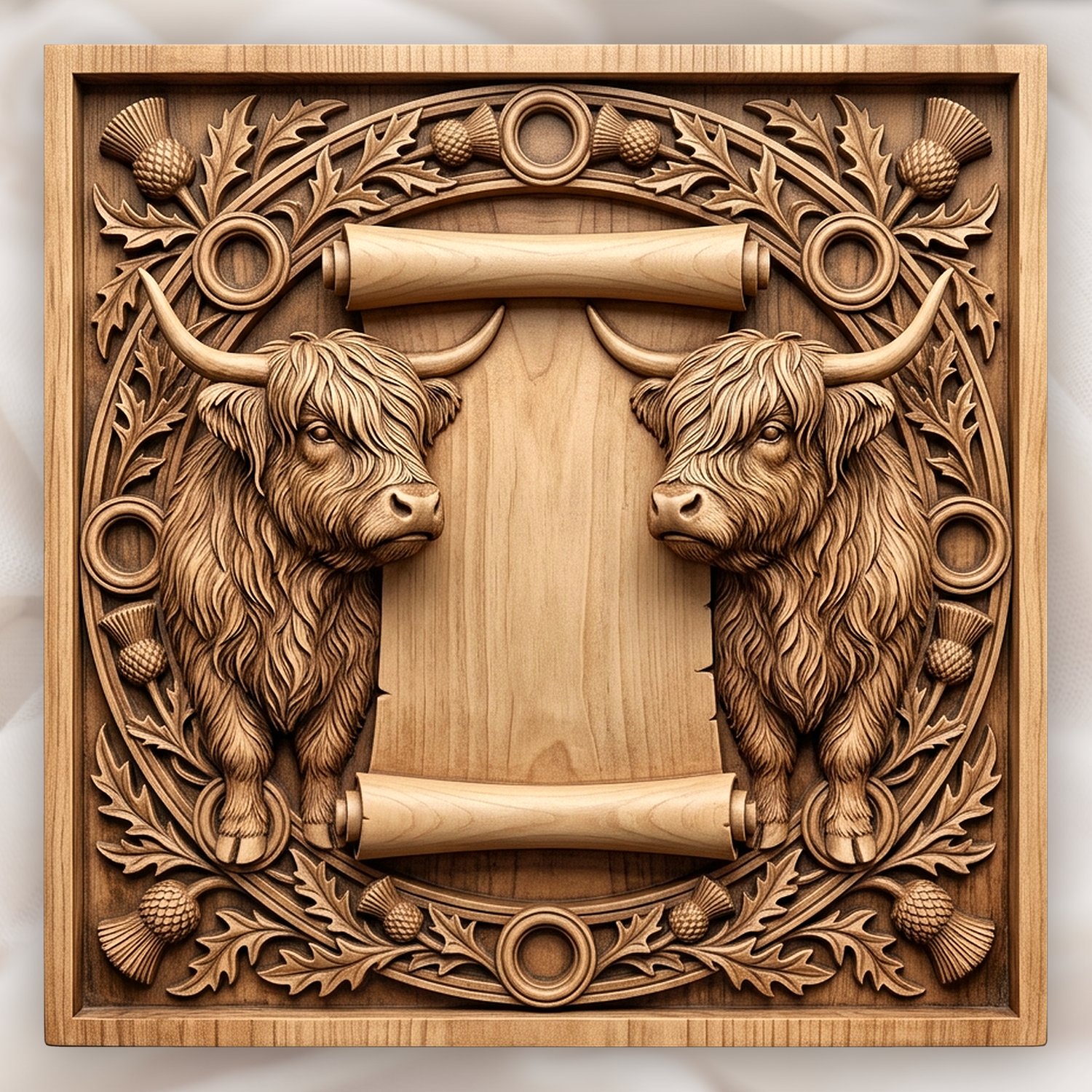 Highland Cow Scottish Thistle Scroll CNC Relief STL