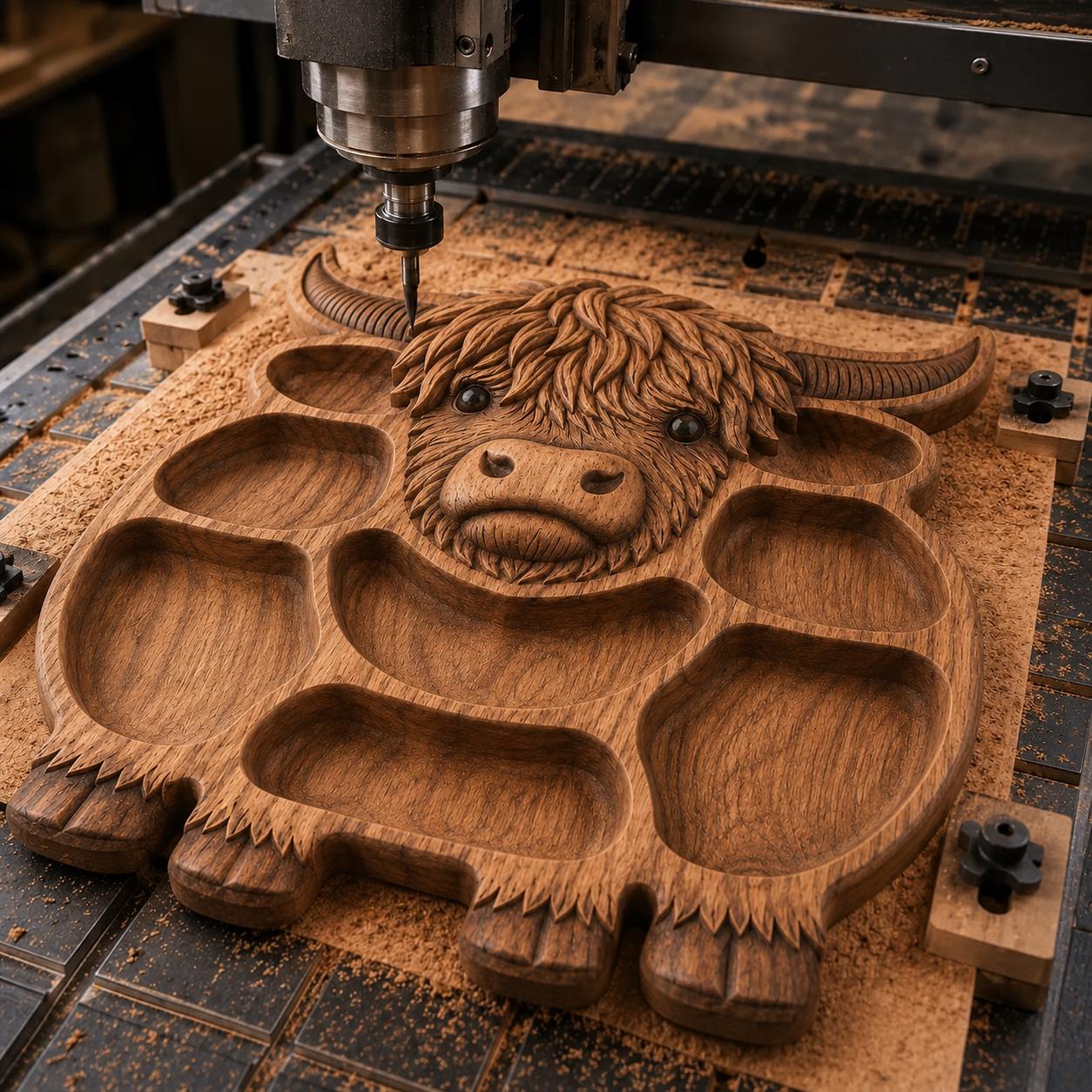 Highland Cow Serving Tray STL with Snack Compartments bas-relief STL design