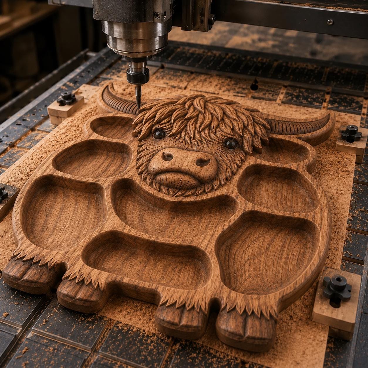 Highland Cow Serving Tray STL with Snack Compartments bas-relief STL design