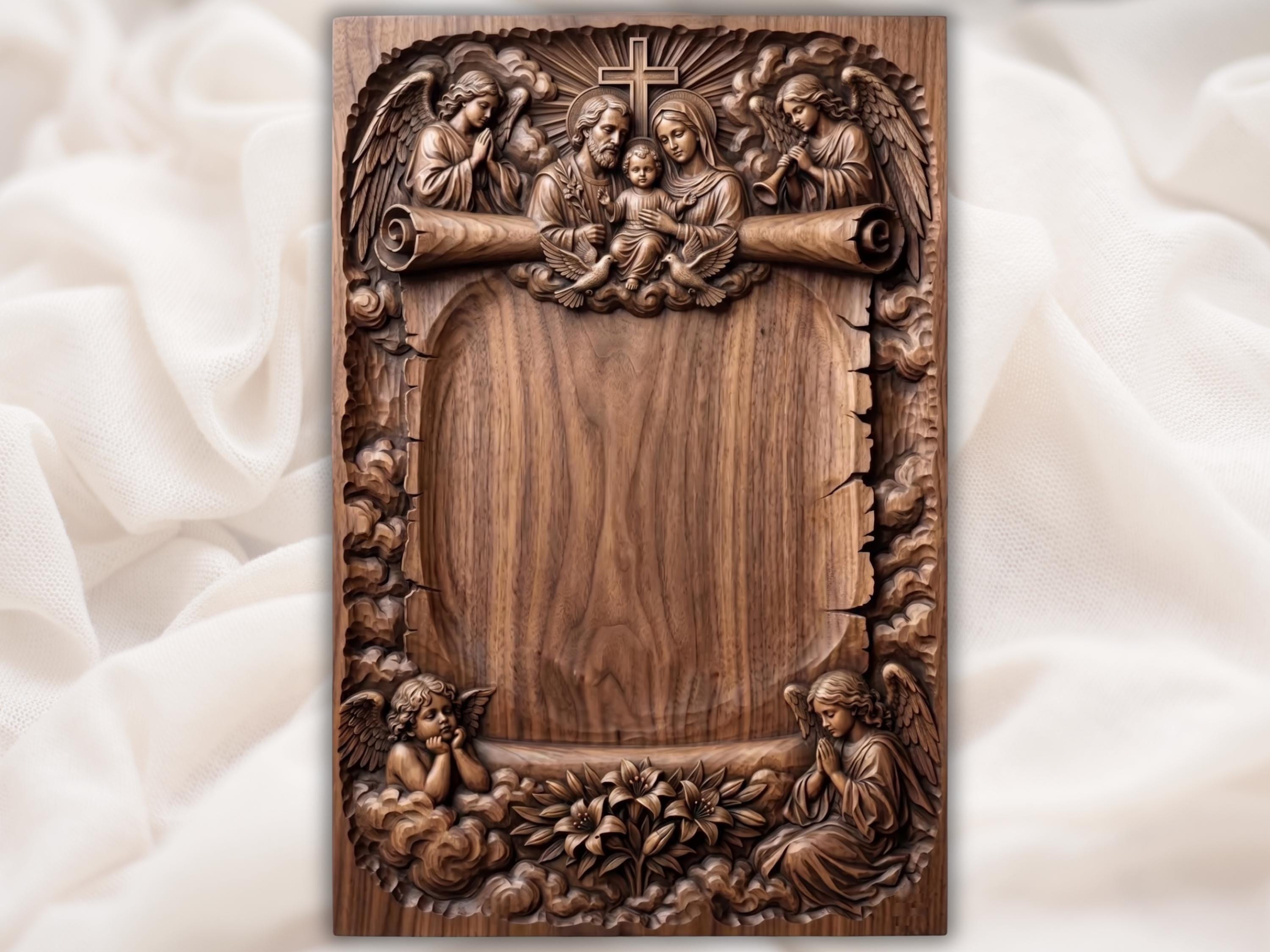 Holy Family Memorial Plaque with Cross, Angels and Doves bas-relief STL design