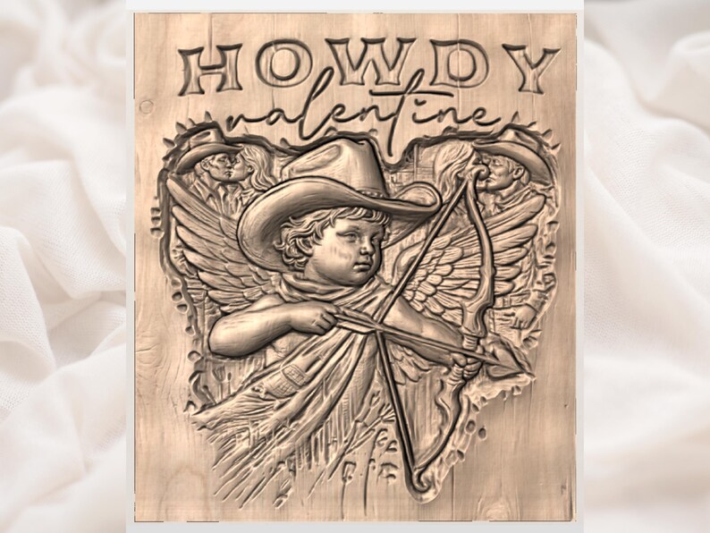 Howdy Valentine Cupid Cowboy 3D Relief STL view 3