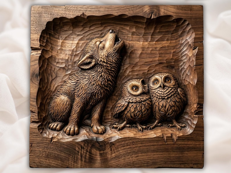 Howling Wolf & Owls 3D Relief STL bas-relief STL design
