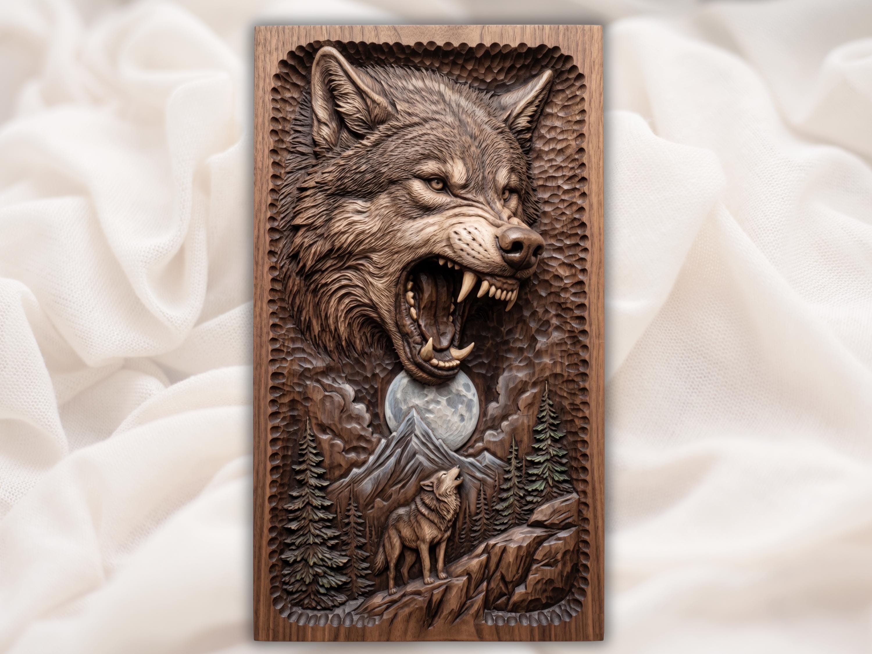 Snarling Wolf and Howling Pup Under the Full Moon Relief bas-relief STL design