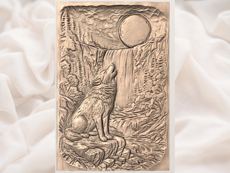 Howling Wolf Waterfall 3D Relief STL for CNC Router view 3