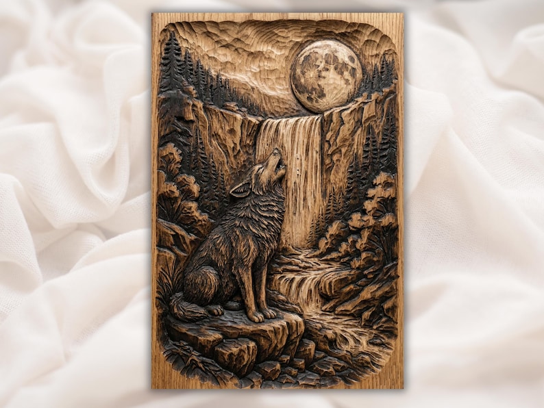 Howling Wolf Waterfall 3D Relief STL for CNC Router bas-relief STL design
