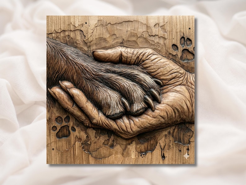 Human Hand Holding Dog Paw 3D Relief STL bas-relief STL