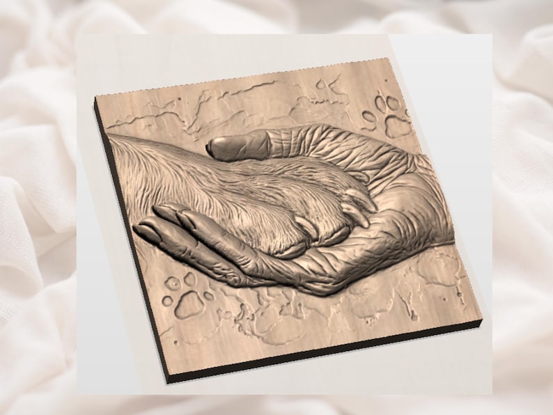 Human Hand Holding Dog Paw 3D Relief STL view 2