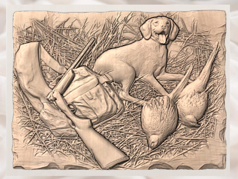 Hunting Dog & Pheasants 3D Relief STL view 3
