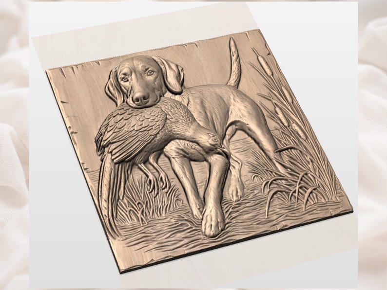 Hunting Dog with Pheasant 3D Relief STL view 2