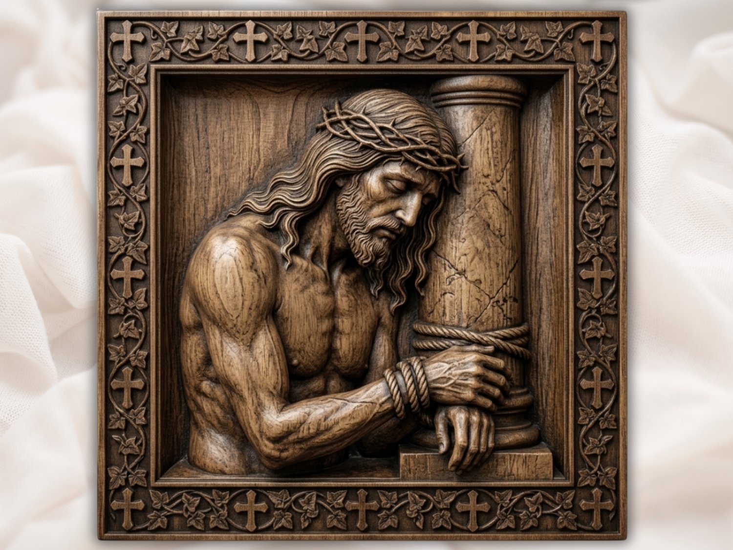 Jesus Bound to Pillar Corner Applique | Deep Scoop Religious Carving | Catholic Devotional Onlay | CNC Router Design | Sacred Passion Art — carved bas relief STL file for CNC
