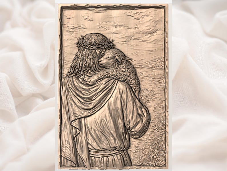 Jesus Carrying Lamb 3D Relief STL view 3
