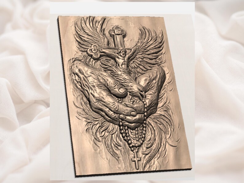 Jesus Crucifix and Rosary Hands 3D Relief STL File view 3