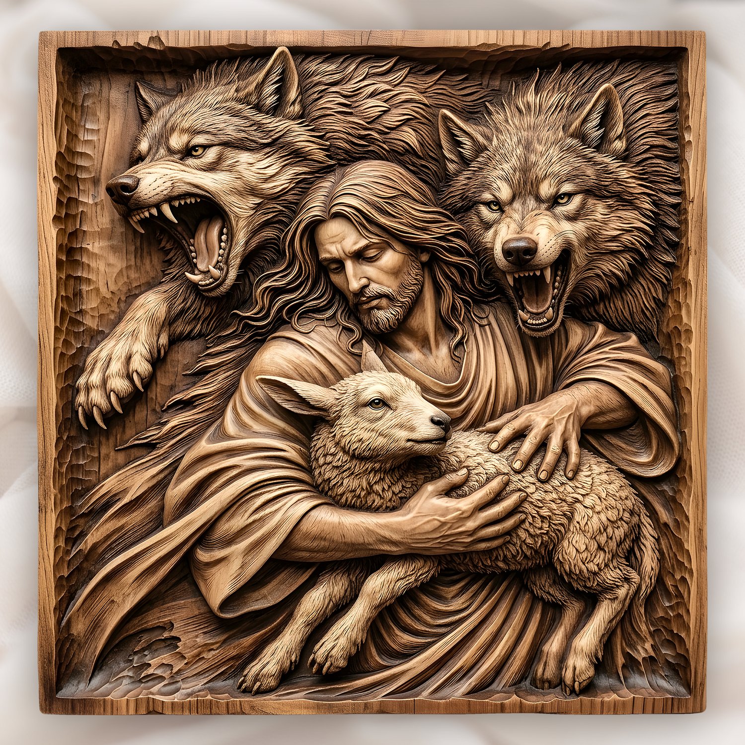 Jesus Good Shepherd Protecting Lamb Wolves CNC Relief STL