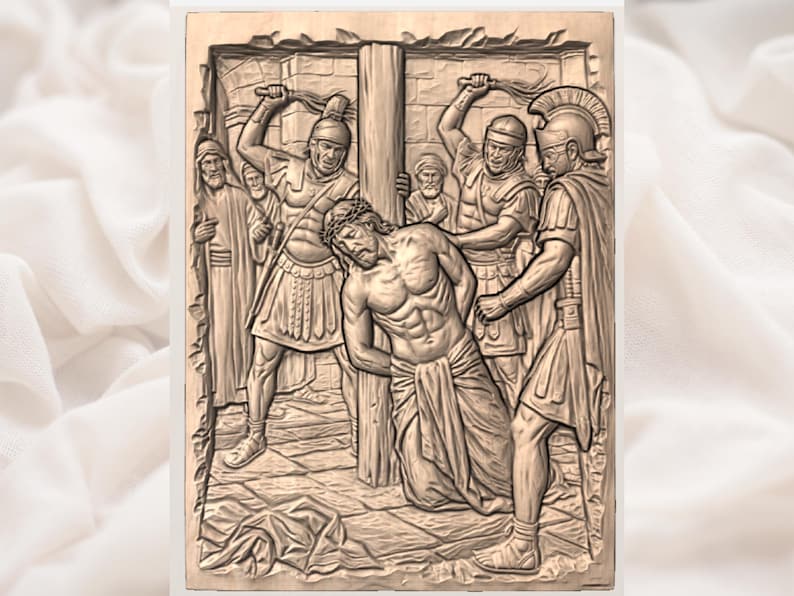 Jesus Scourging at the Pillar 3D Relief STL view 3
