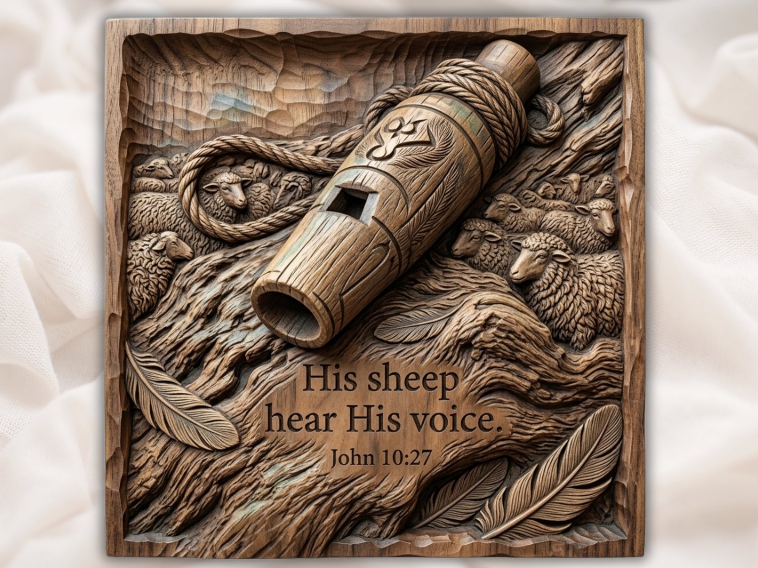 John 10:27 Good Shepherd Whistle and Sheep CNC Relief STL view 4