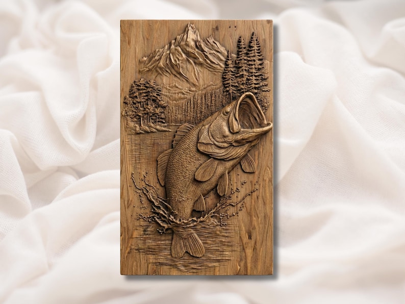 Jumping Bass Fish 3D Relief STL bas-relief STL